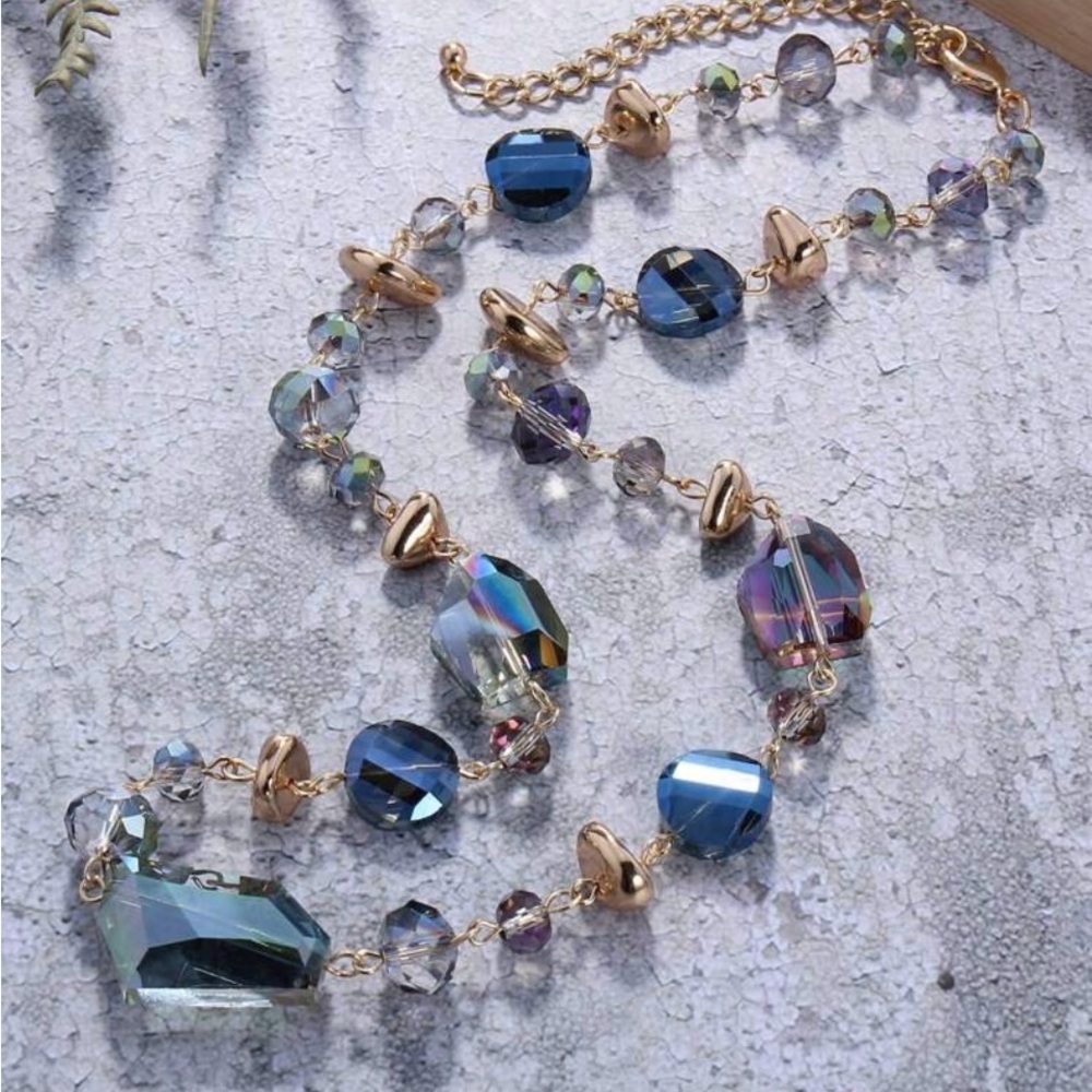 Bohemian Style Blue Purple Gold Glass Geometric Beaded Women's Necklace